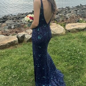 Primavera Sequin Prom Dress, Navy and Aqua Sequins
